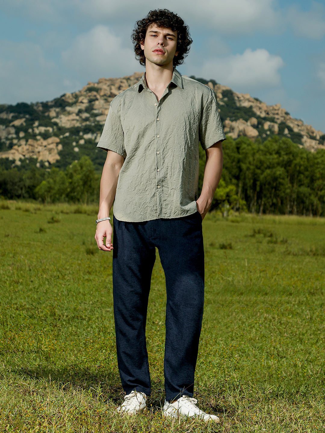 Men Sage Green Crumple-Tactile Shirt