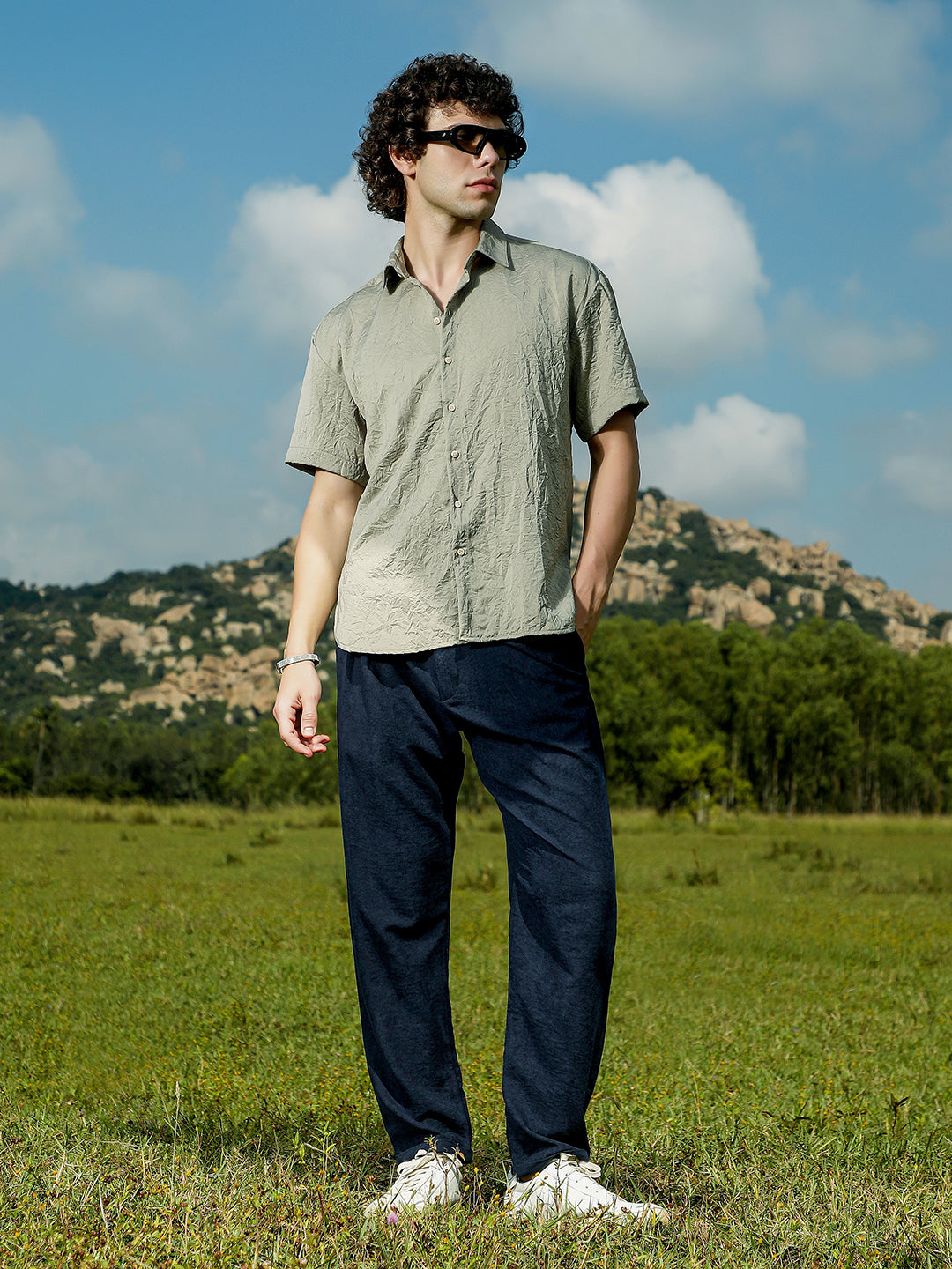 Men Sage Green Crumple-Tactile Shirt