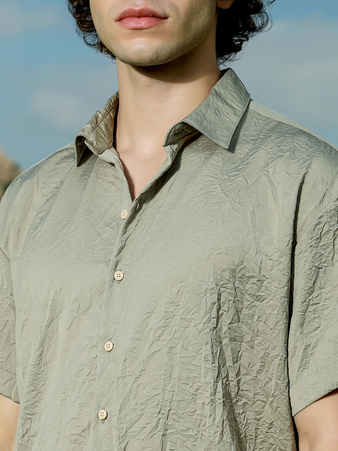 Men Sage Green Crumple-Tactile Shirt