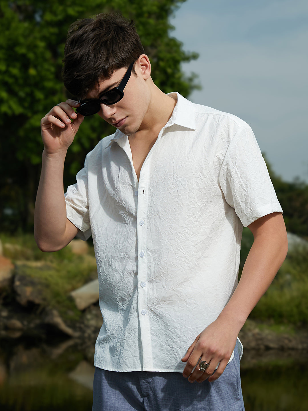 Men Cream White Crumple-Tactile Shirt