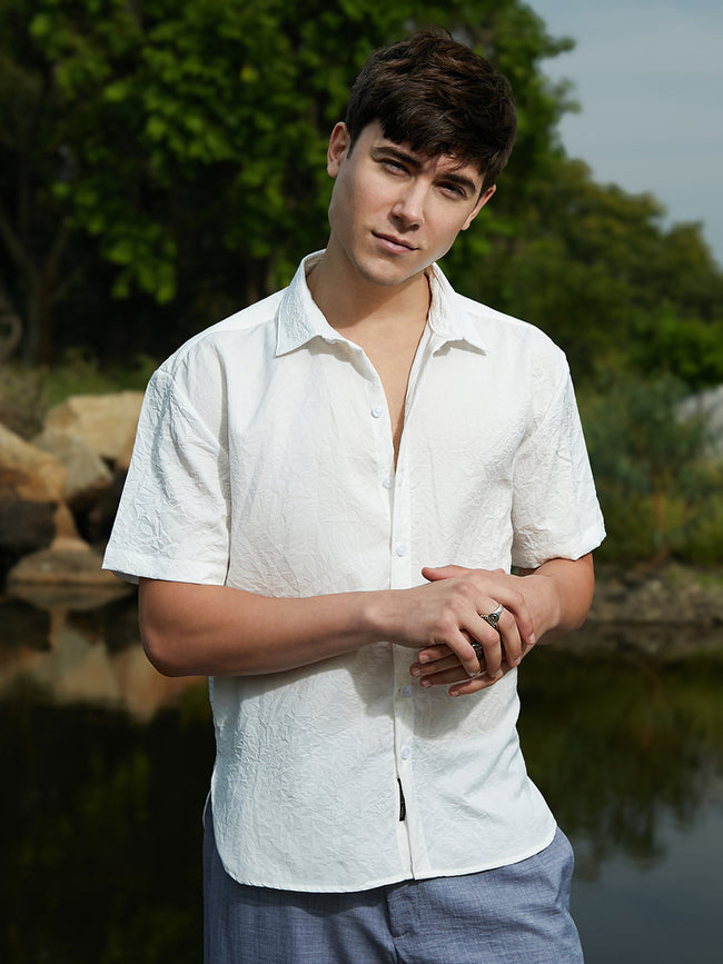 Men Cream White Crumple-Tactile Shirt