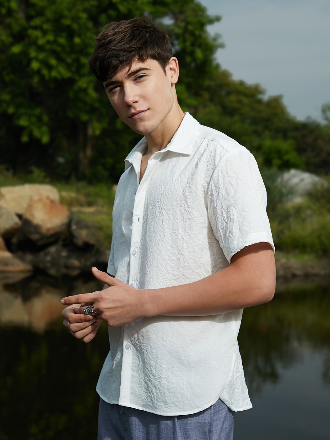 Men Cream White Crumple-Tactile Shirt