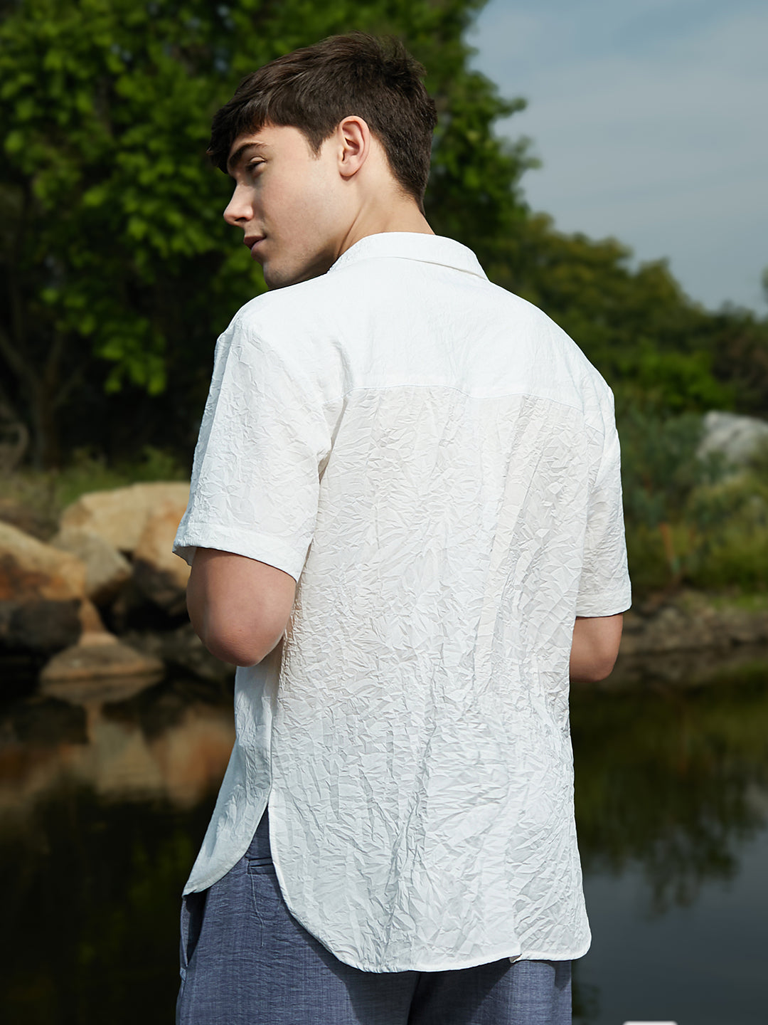 Men Cream White Crumple-Tactile Shirt