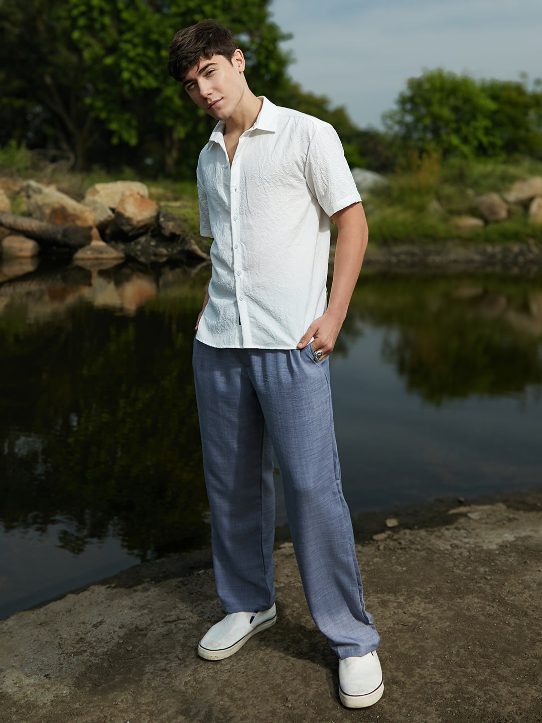 Men Cream White Crumple-Tactile Shirt