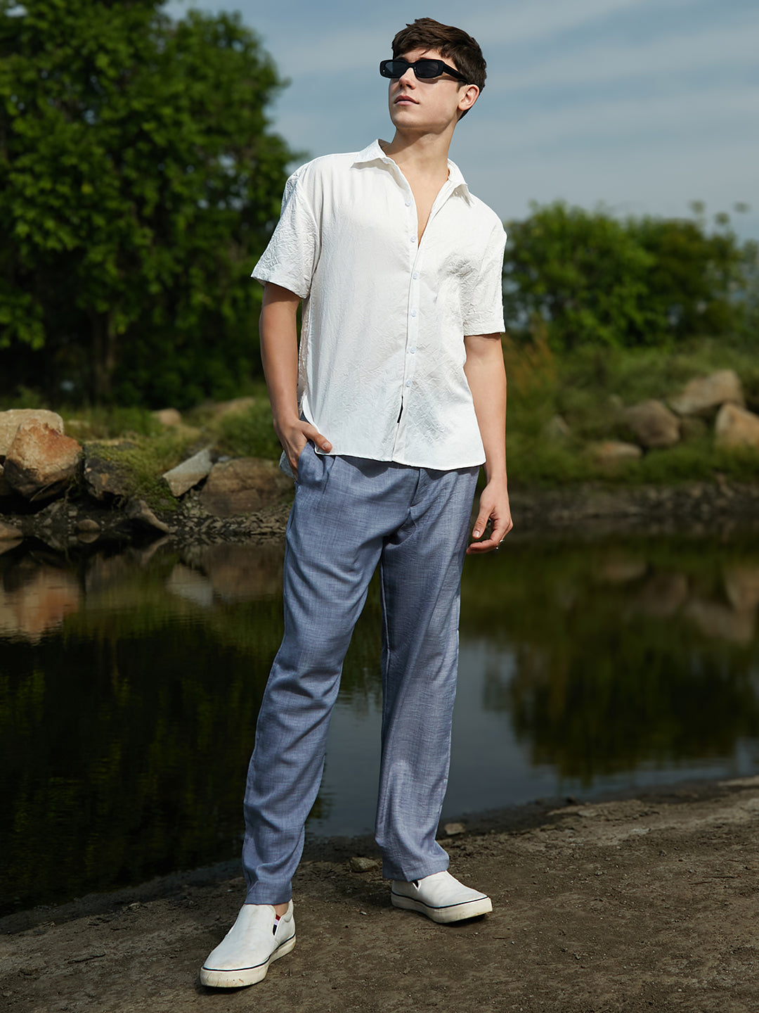 Men Cream White Crumple-Tactile Shirt