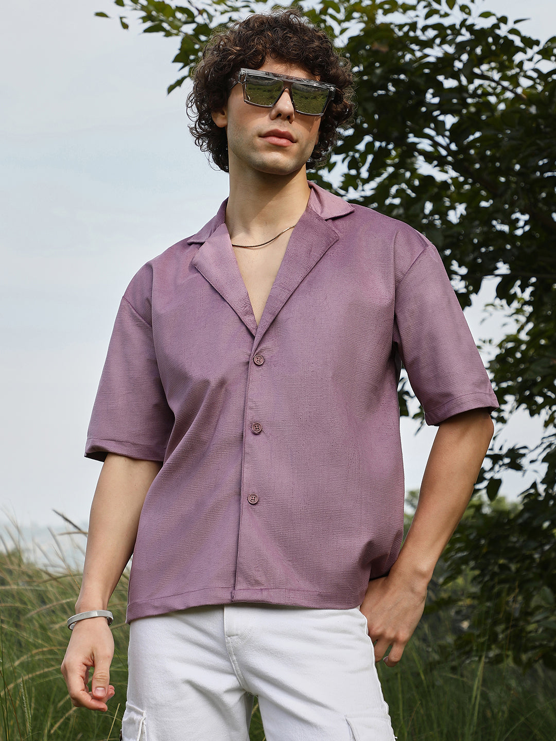 Men Grape Purple Solid Resort Oversized Shirt