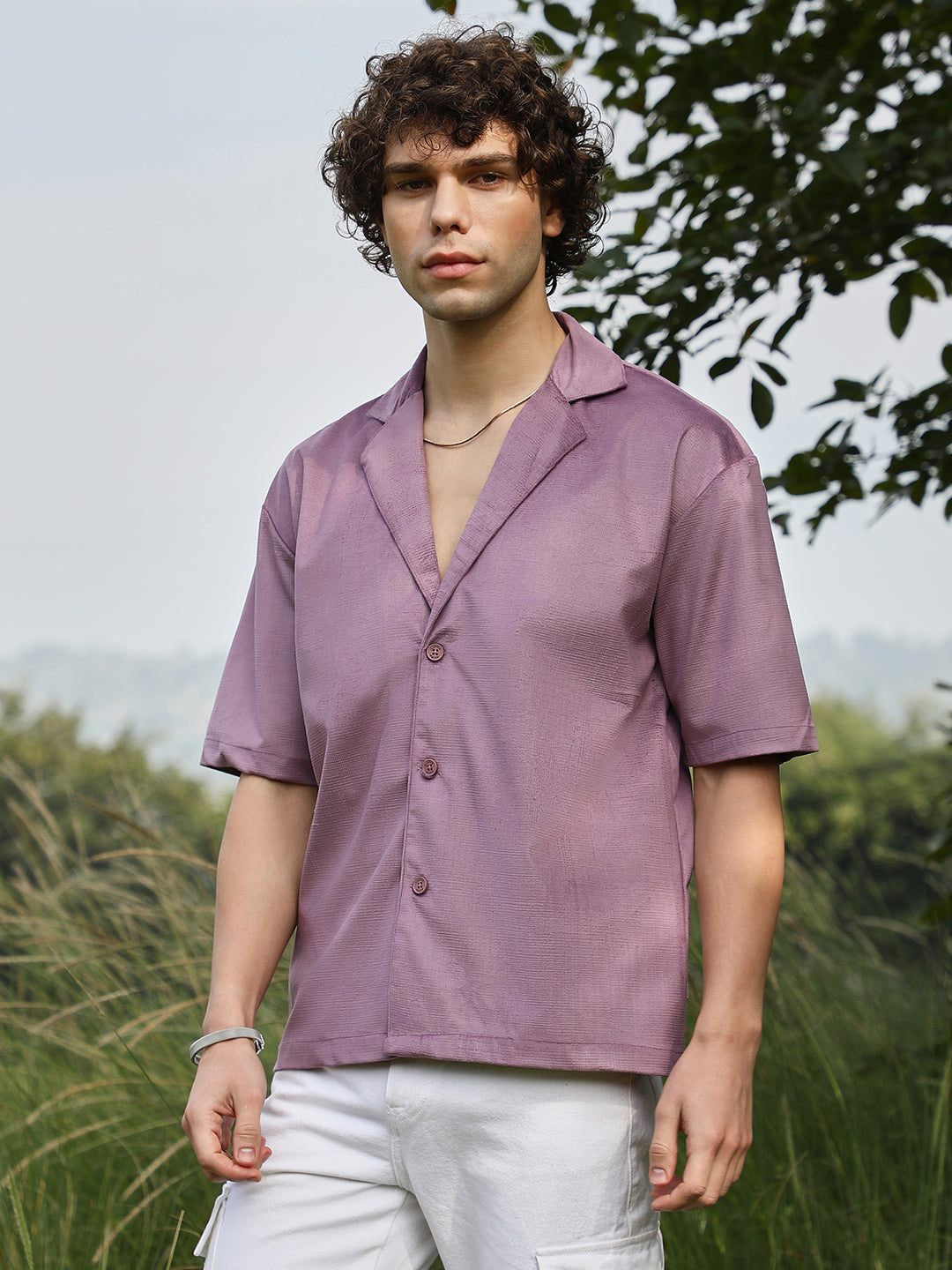 Men Grape Purple Solid Resort Oversized Shirt
