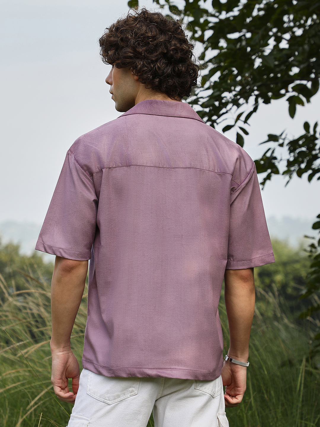 Men Grape Purple Solid Resort Oversized Shirt