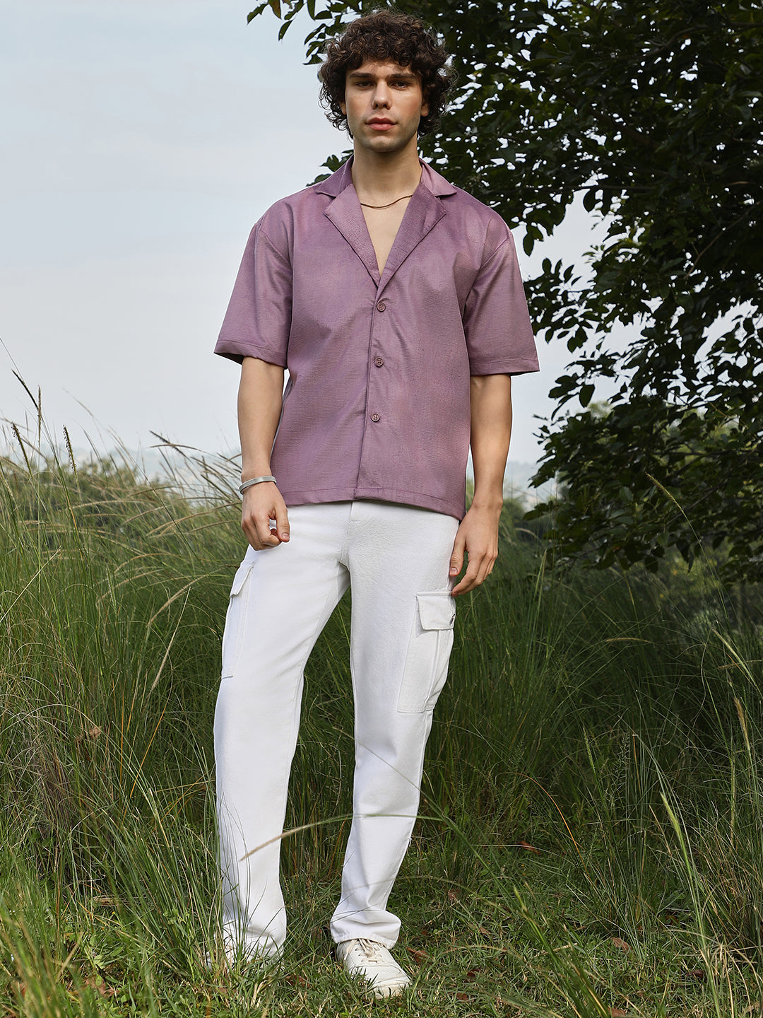 Men Grape Purple Solid Resort Oversized Shirt
