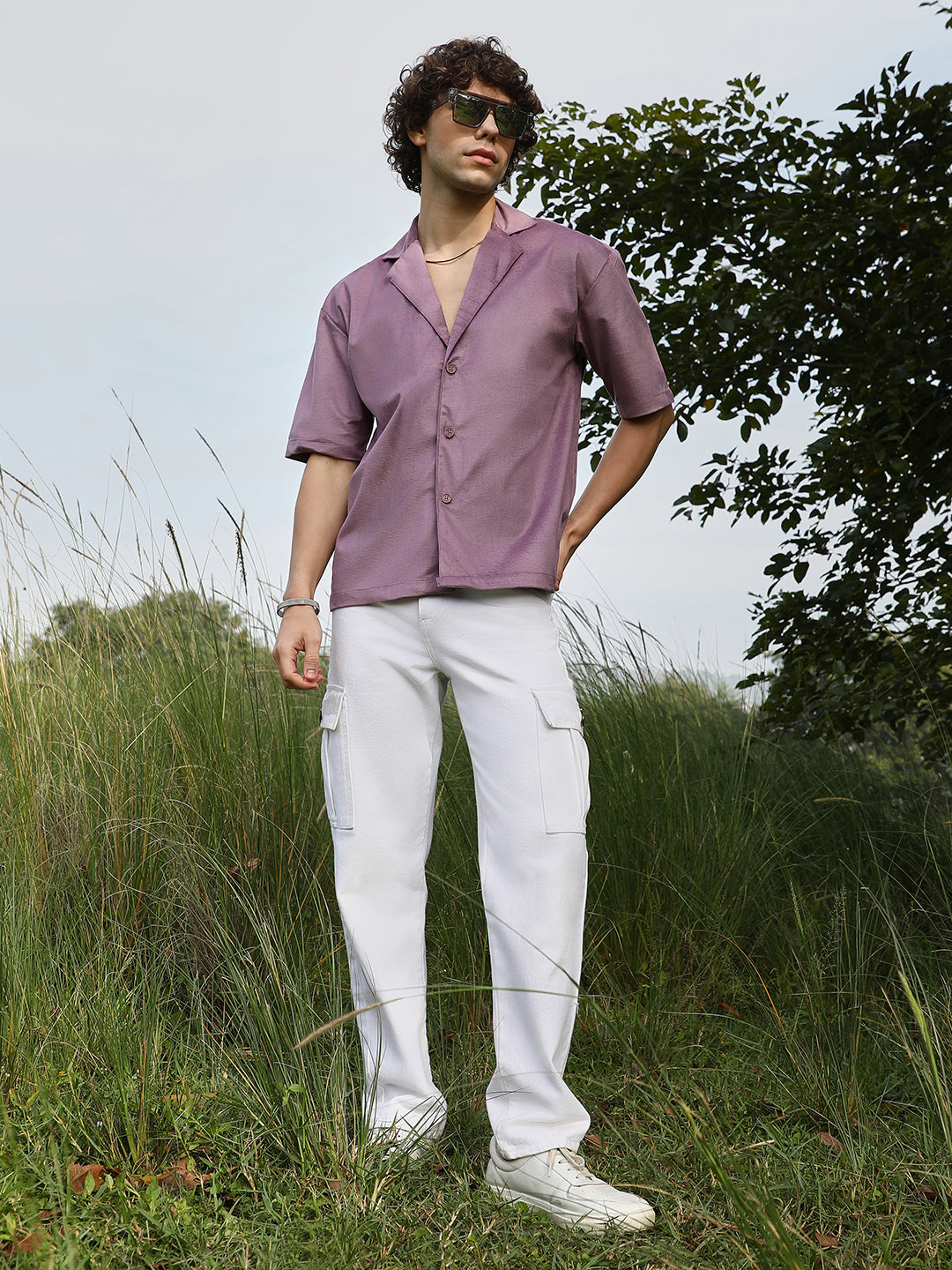 Men Grape Purple Solid Resort Oversized Shirt