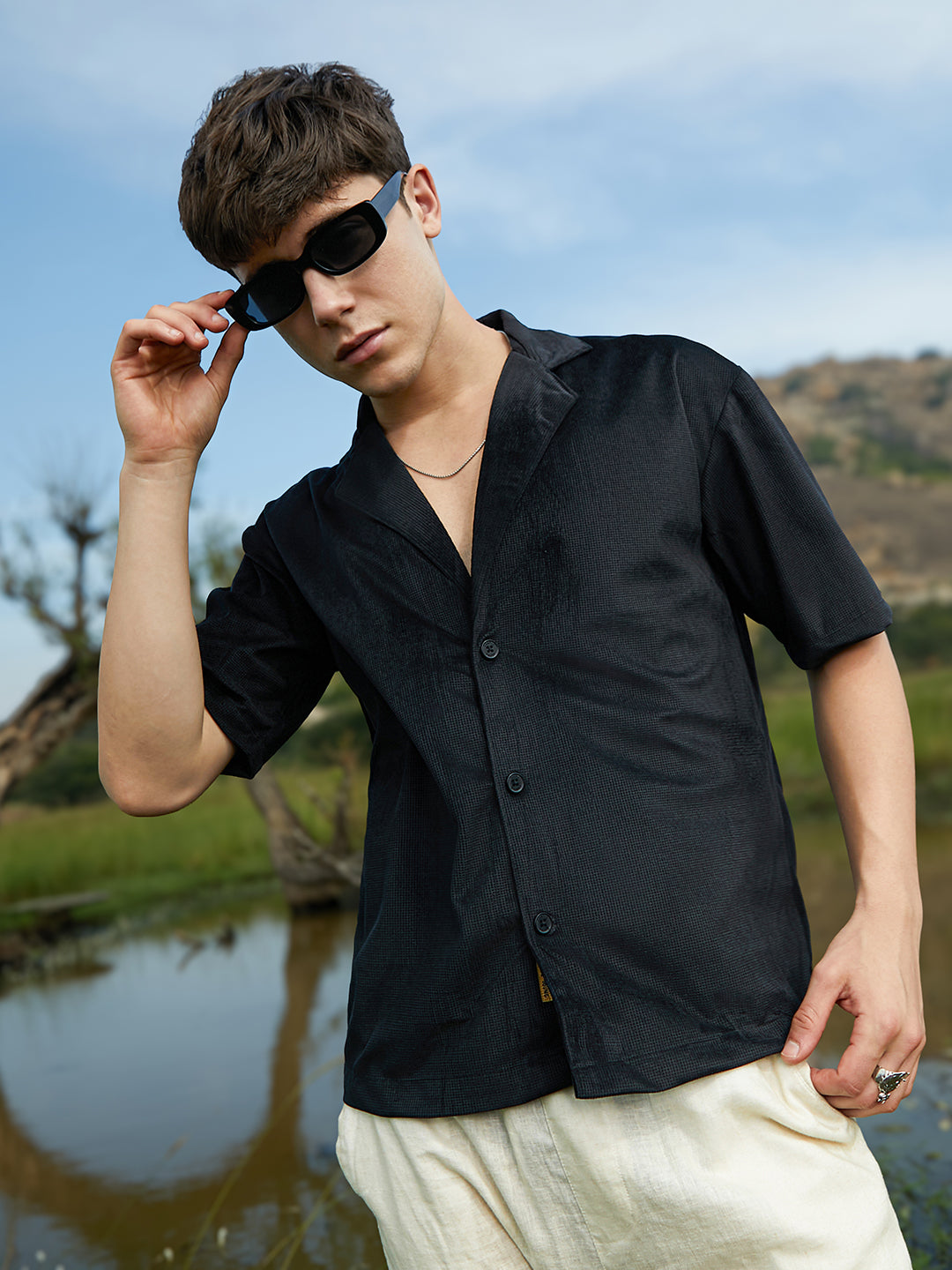 Men Onyx Black Solid Knit Shirt