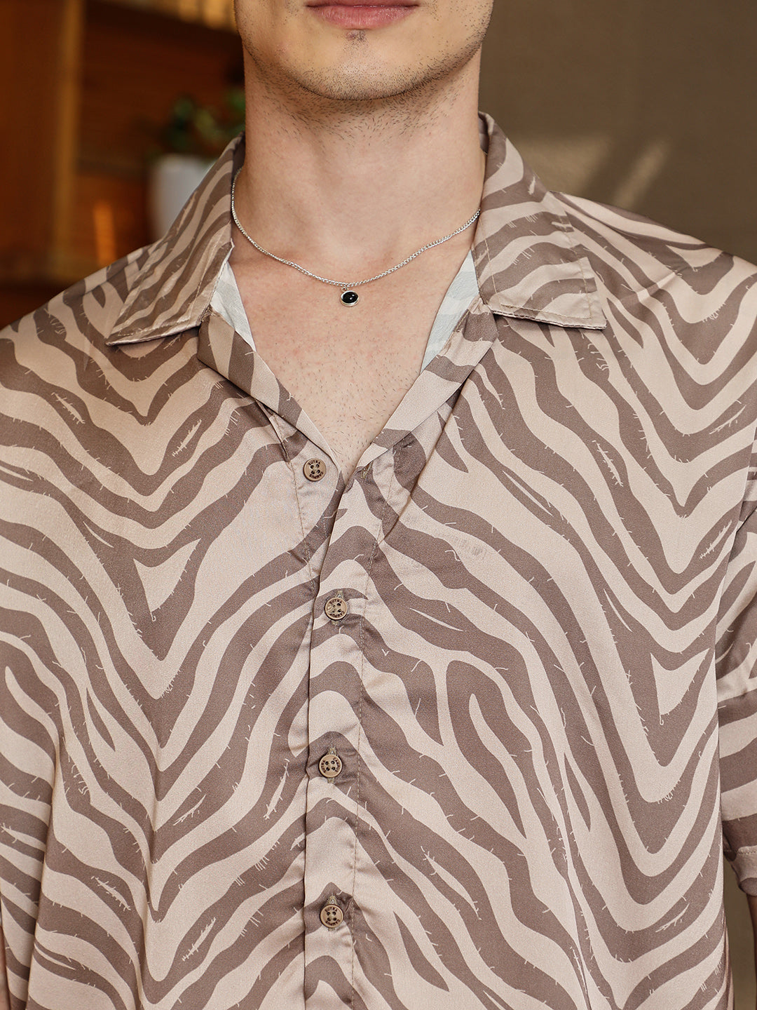 Men Ash Brown Zebra Satin Oversized Shirt