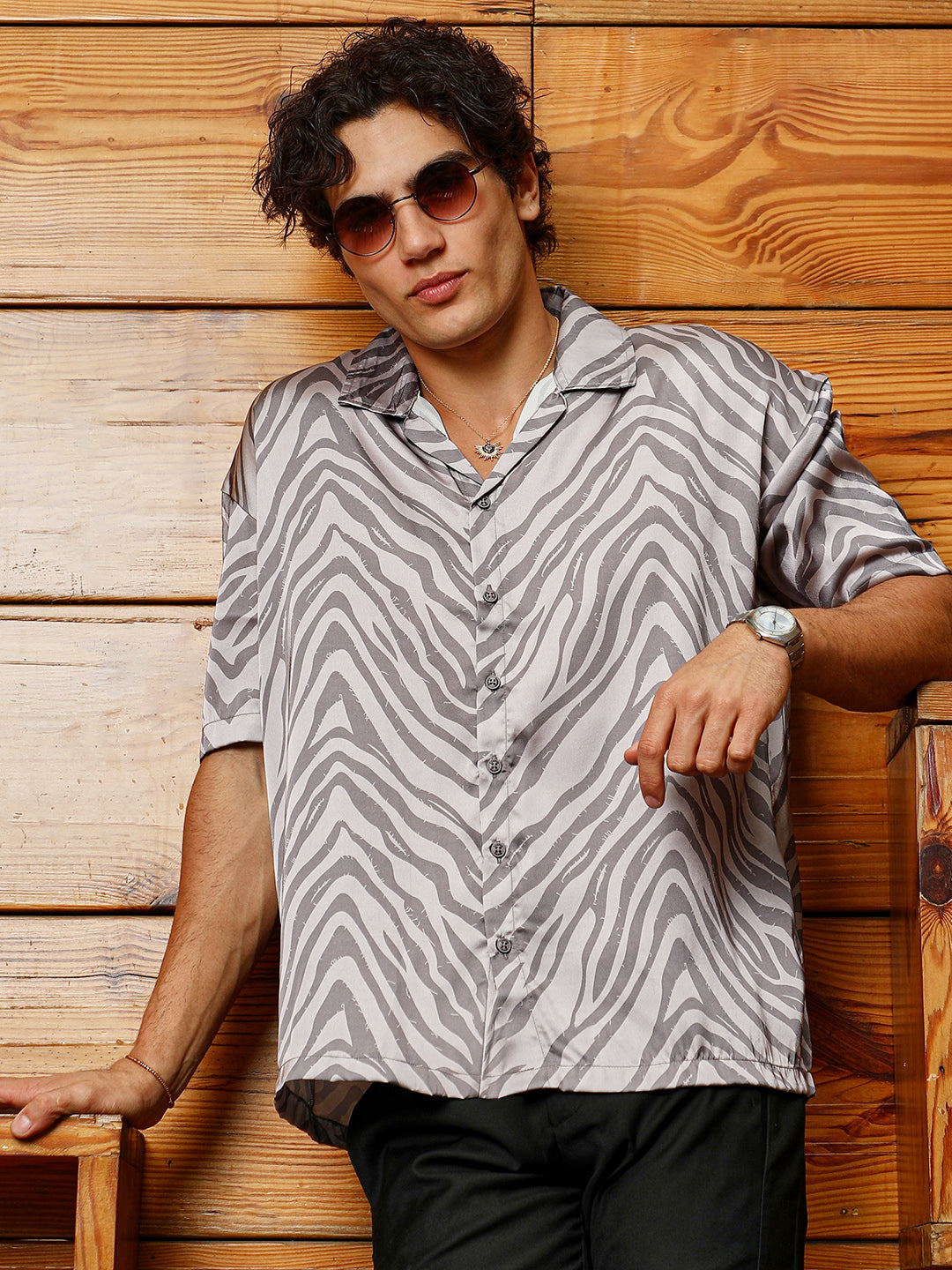 Men Charcoal Grey Zebra Satin Oversized Shirt