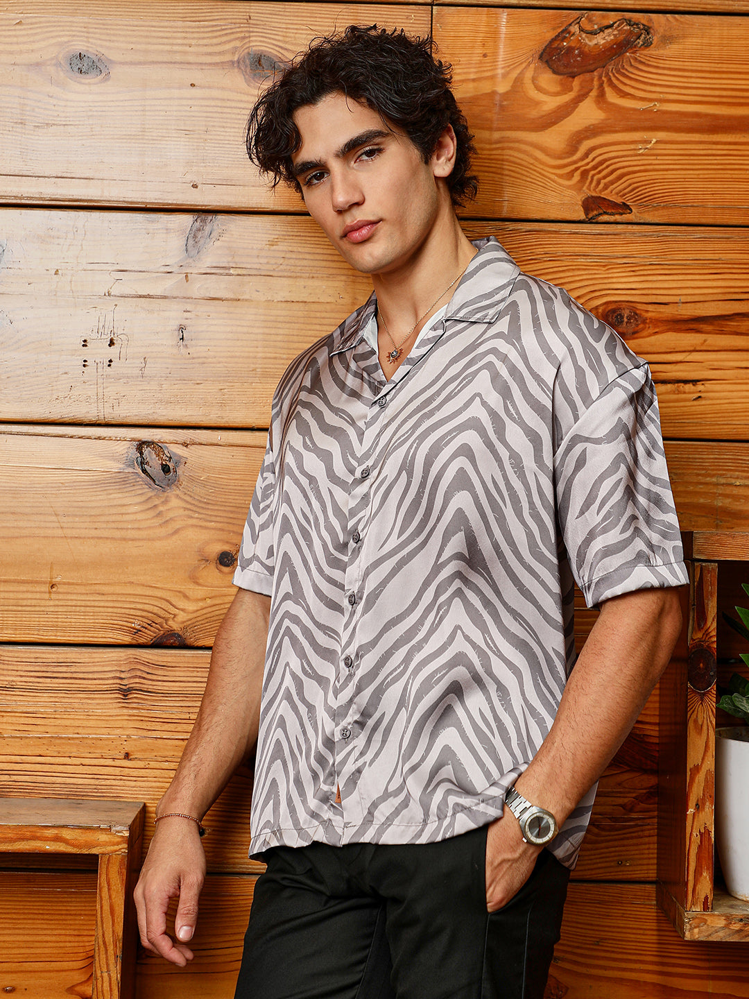 Men Charcoal Grey Zebra Satin Oversized Shirt