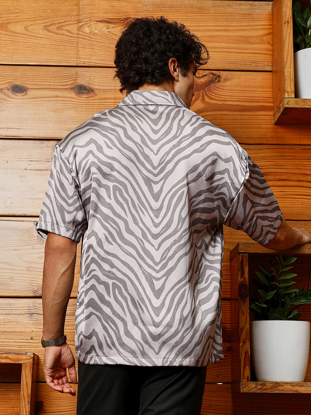 Men Charcoal Grey Zebra Satin Oversized Shirt