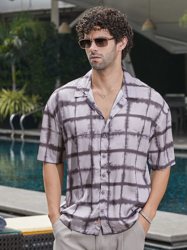 Men Charcoal Grey Dye-Graph Satin Oversized Shirt