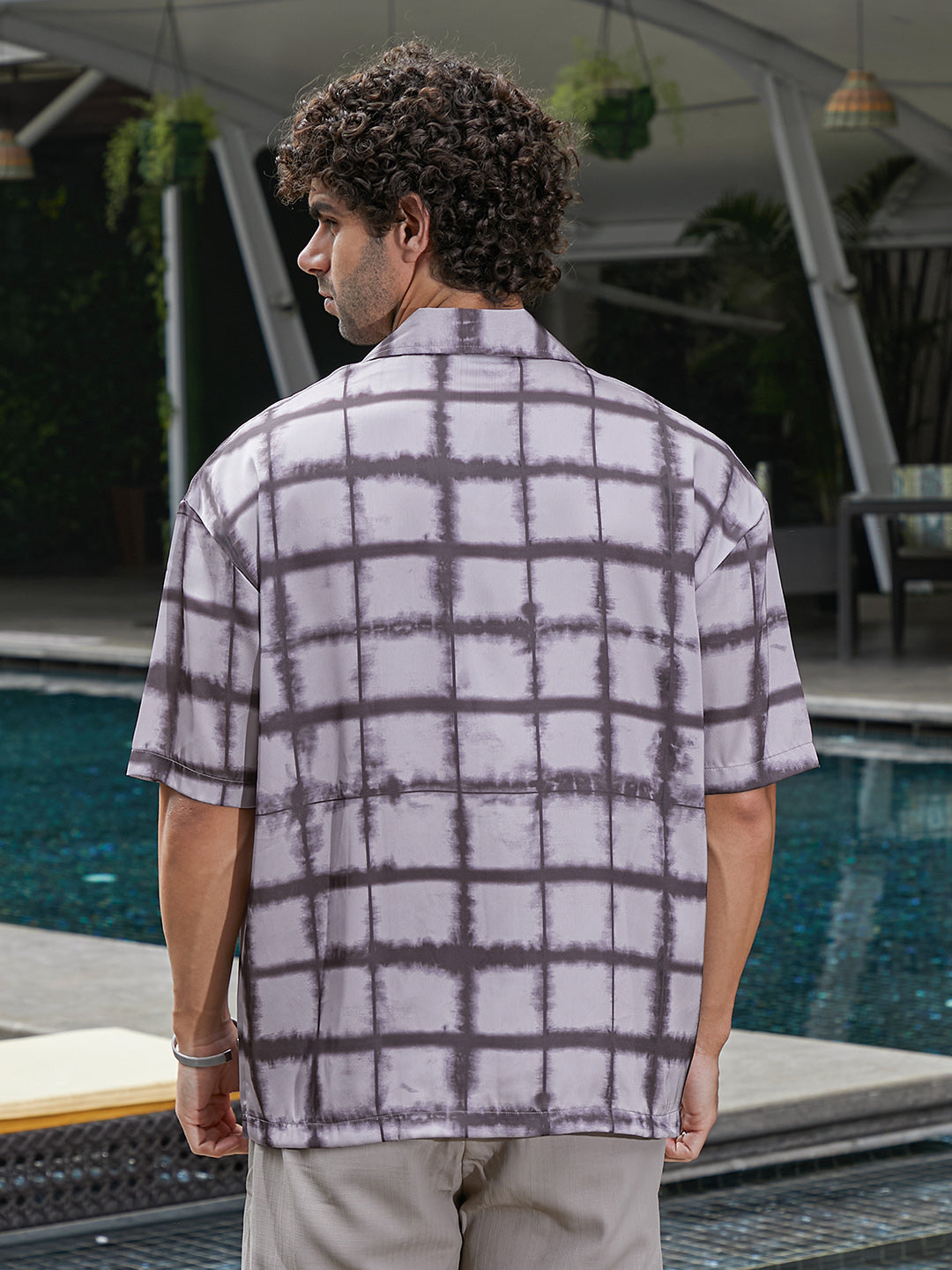 Men Charcoal Grey Dye-Graph Satin Oversized Shirt