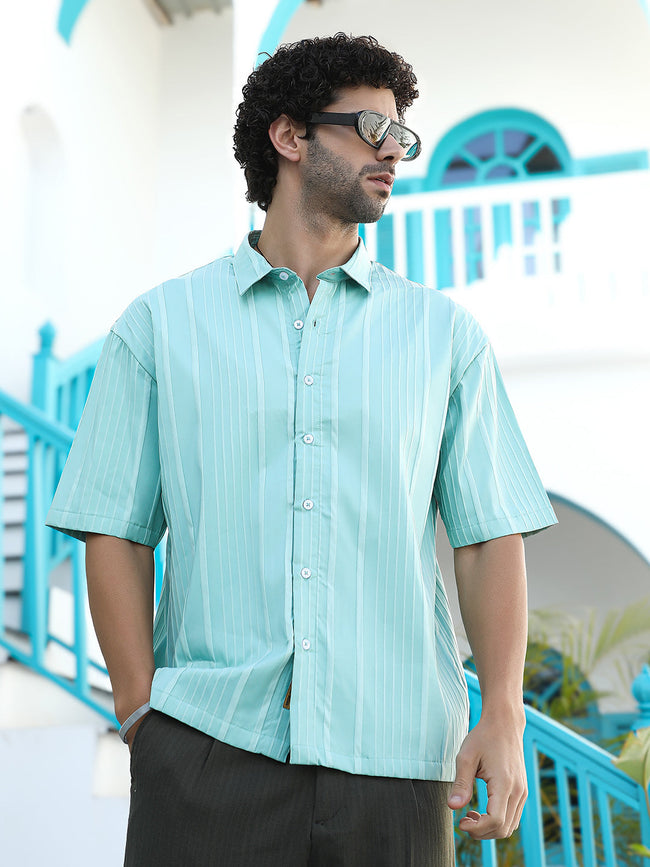 Men Aqua Green Unbalanced-Ridge Oversized Shirt