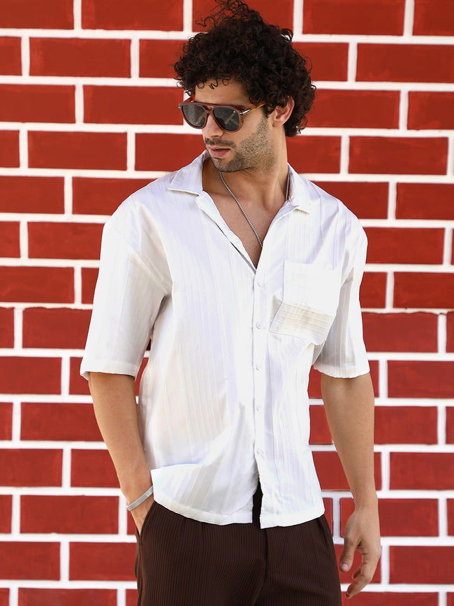 Men Chalk White Unbalanced-Ridge Oversized Shirt
