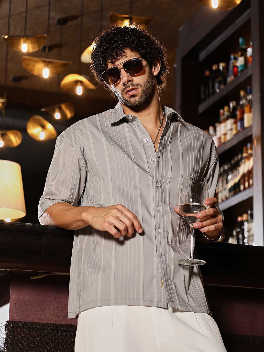 Men Coin Grey Unbalanced-Ridge Oversized Shirt