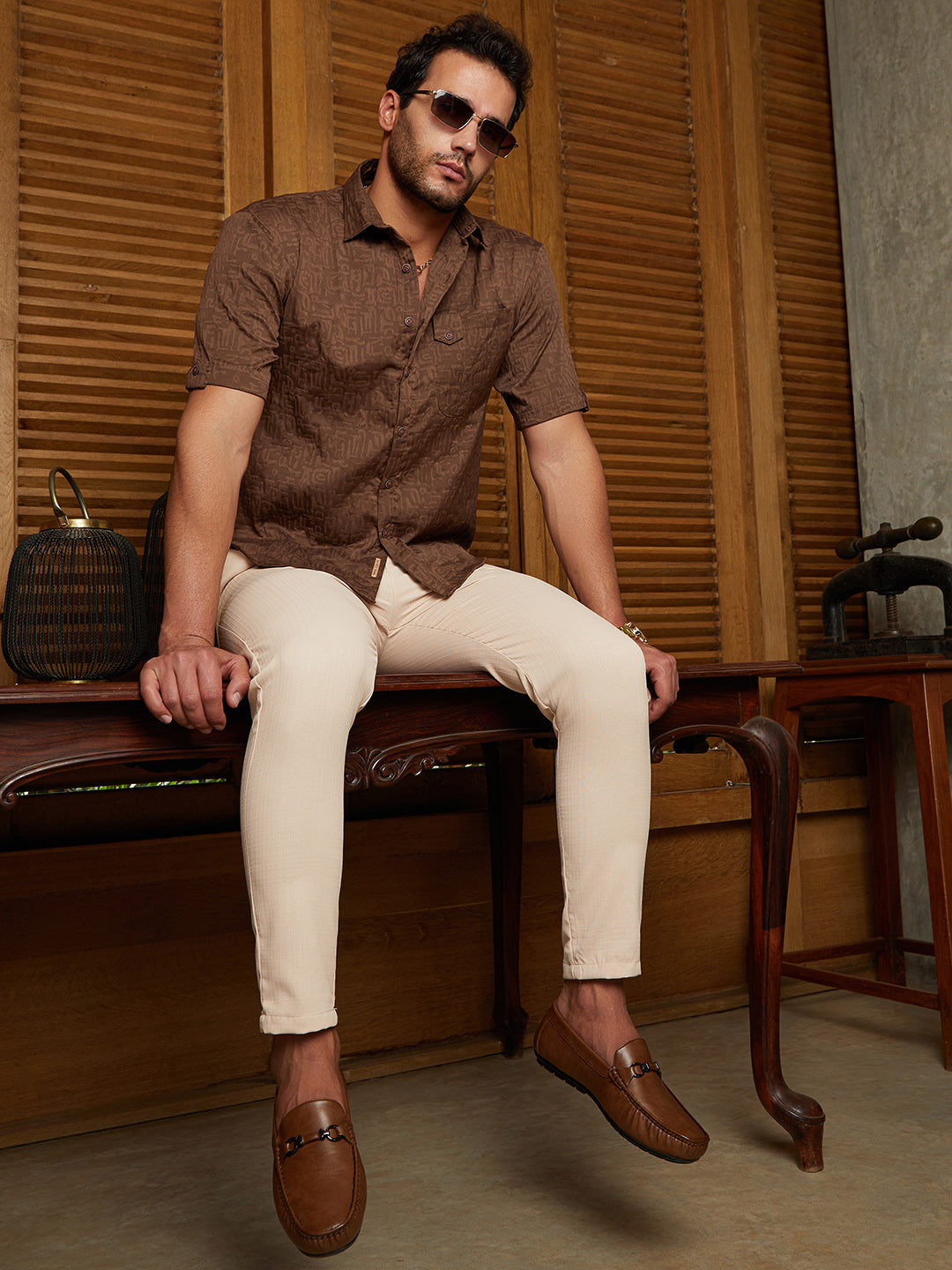 Men Chocolate Brown Aztec-Tactile Oversized Shirt