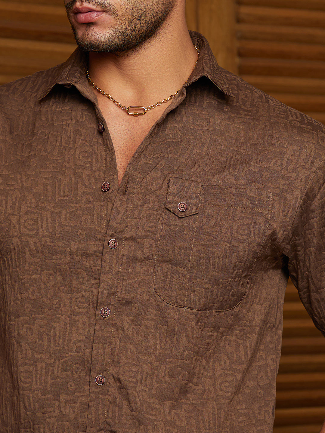 Men Chocolate Brown Aztec-Tactile Oversized Shirt