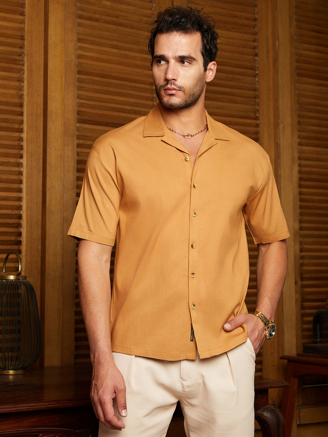 Men Yellow Ochre Solid Resort Oversized Shirt