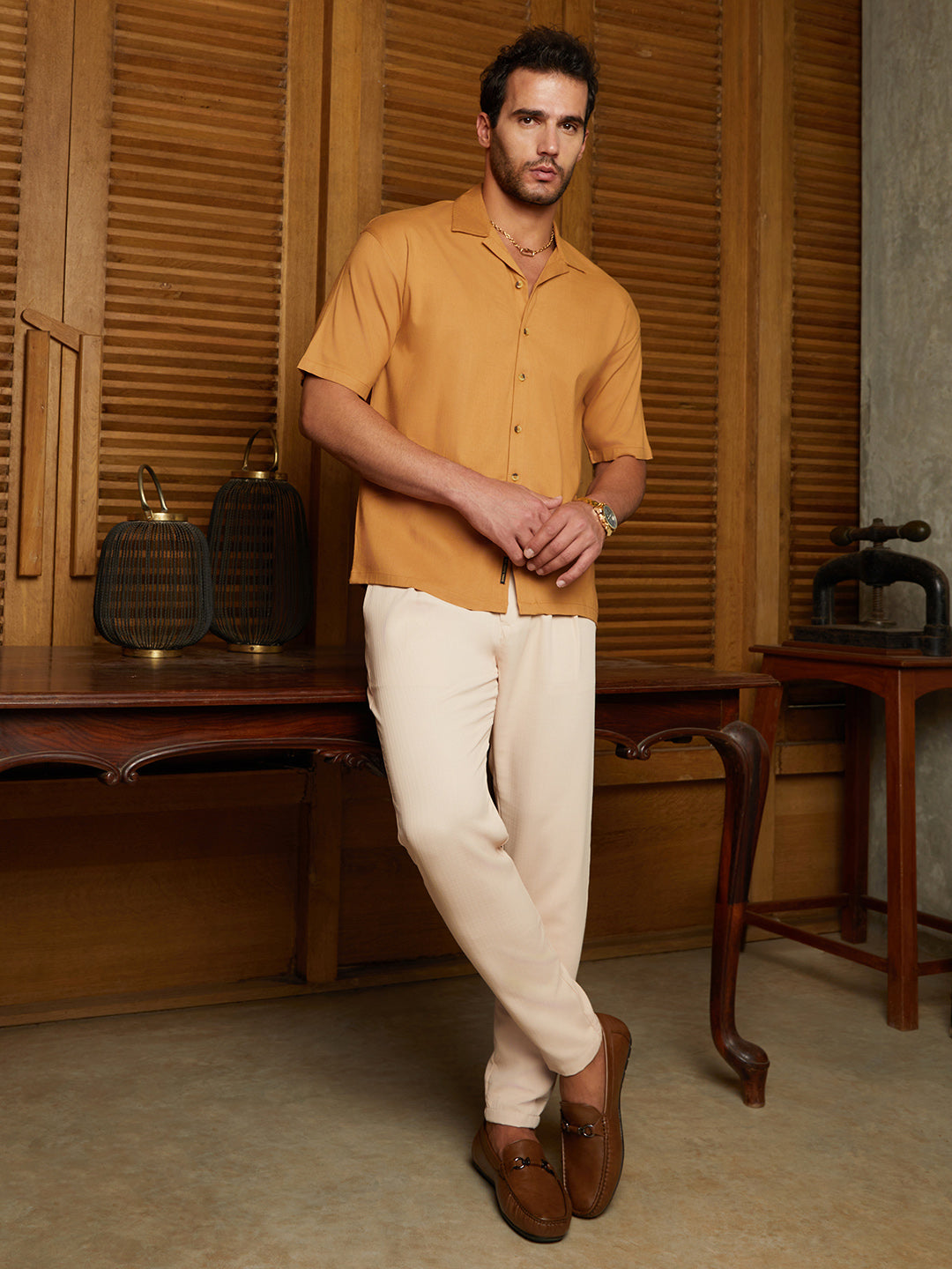 Men Yellow Ochre Solid Resort Oversized Shirt