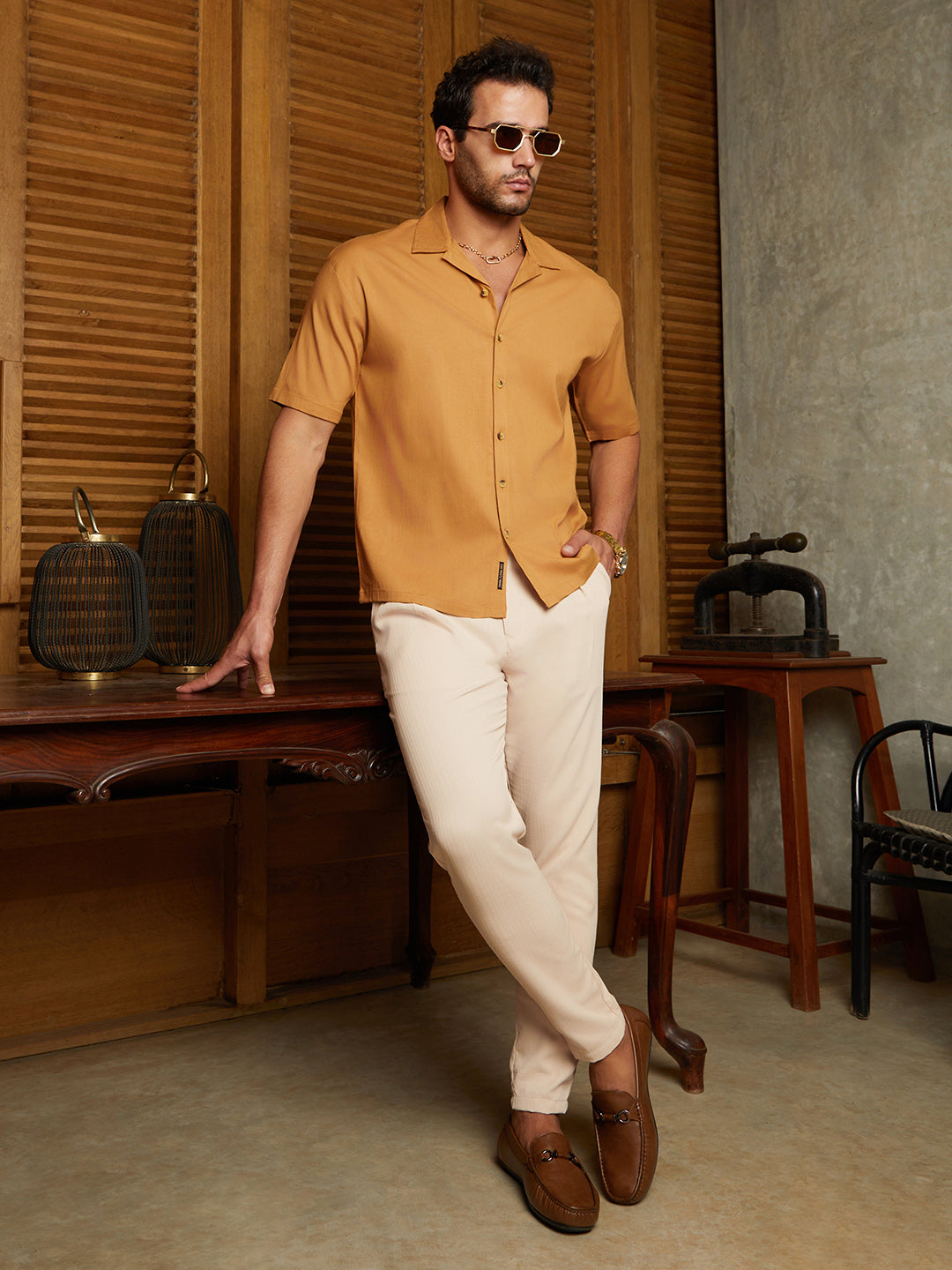Men Yellow Ochre Solid Resort Oversized Shirt