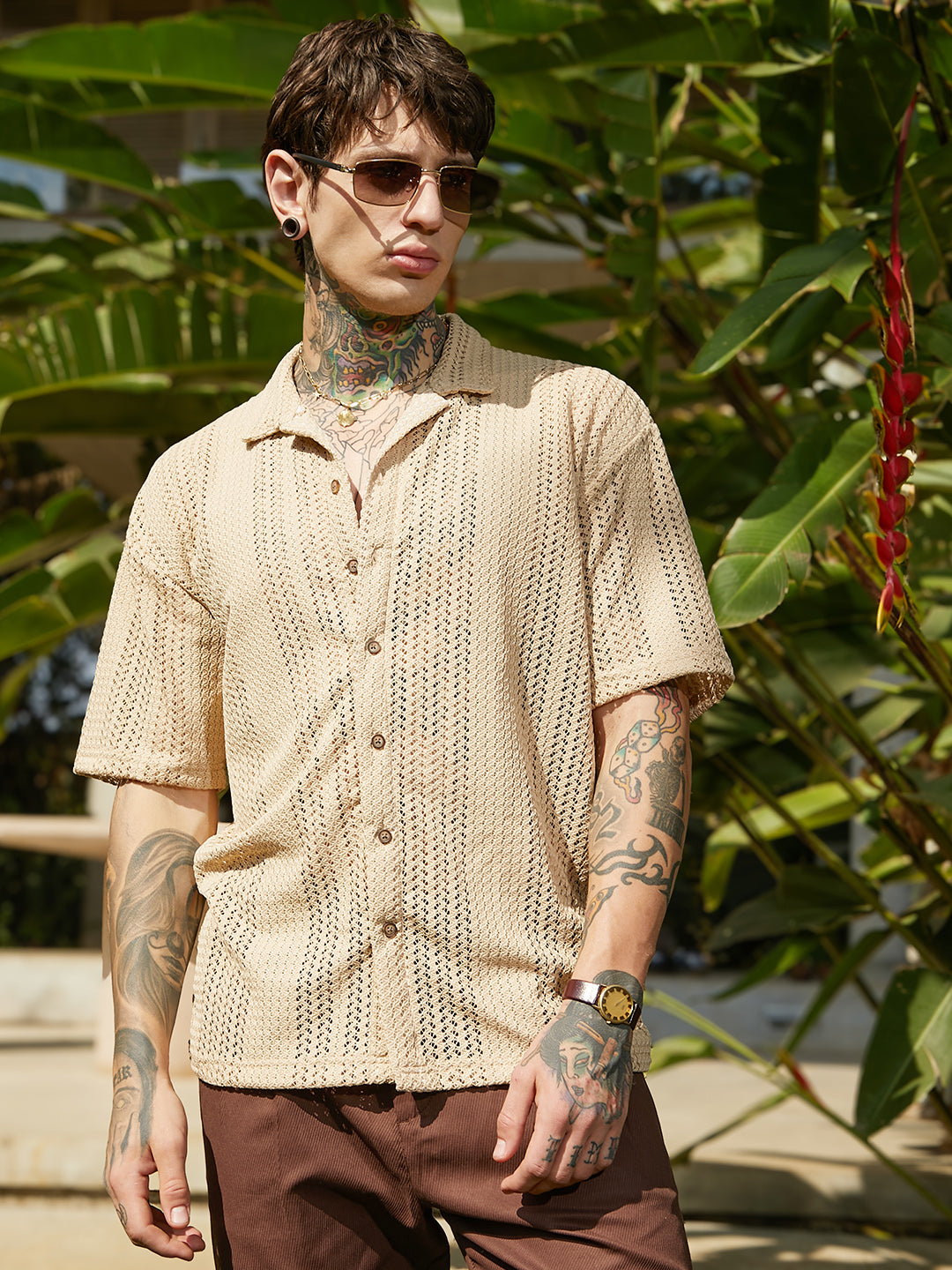 Men Buff Beige Ziggy-Knit Oversized Shirt
