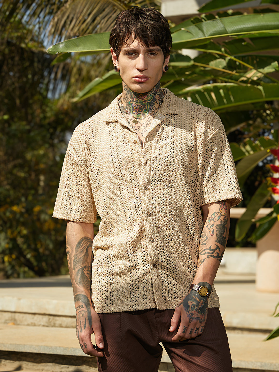 Men Buff Beige Ziggy-Knit Oversized Shirt