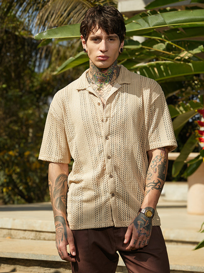 Men Buff Beige Ziggy-Knit Oversized Shirt