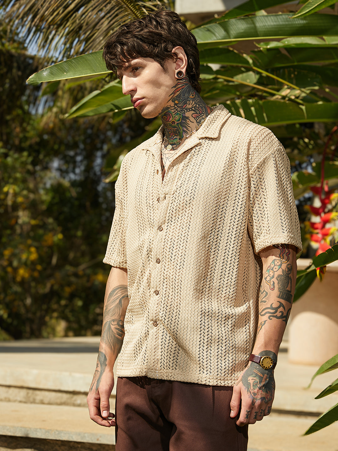 Men Buff Beige Ziggy-Knit Oversized Shirt