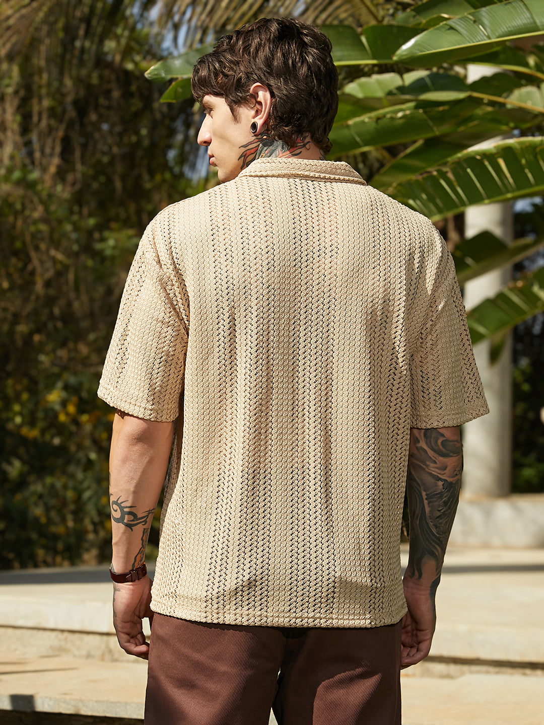 Men Buff Beige Ziggy-Knit Oversized Shirt