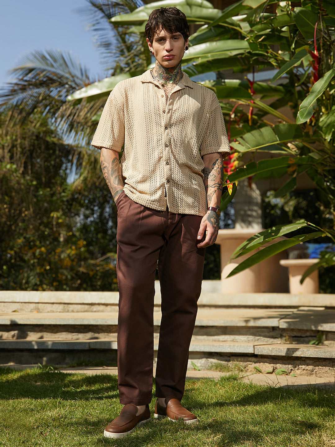 Men Buff Beige Ziggy-Knit Oversized Shirt