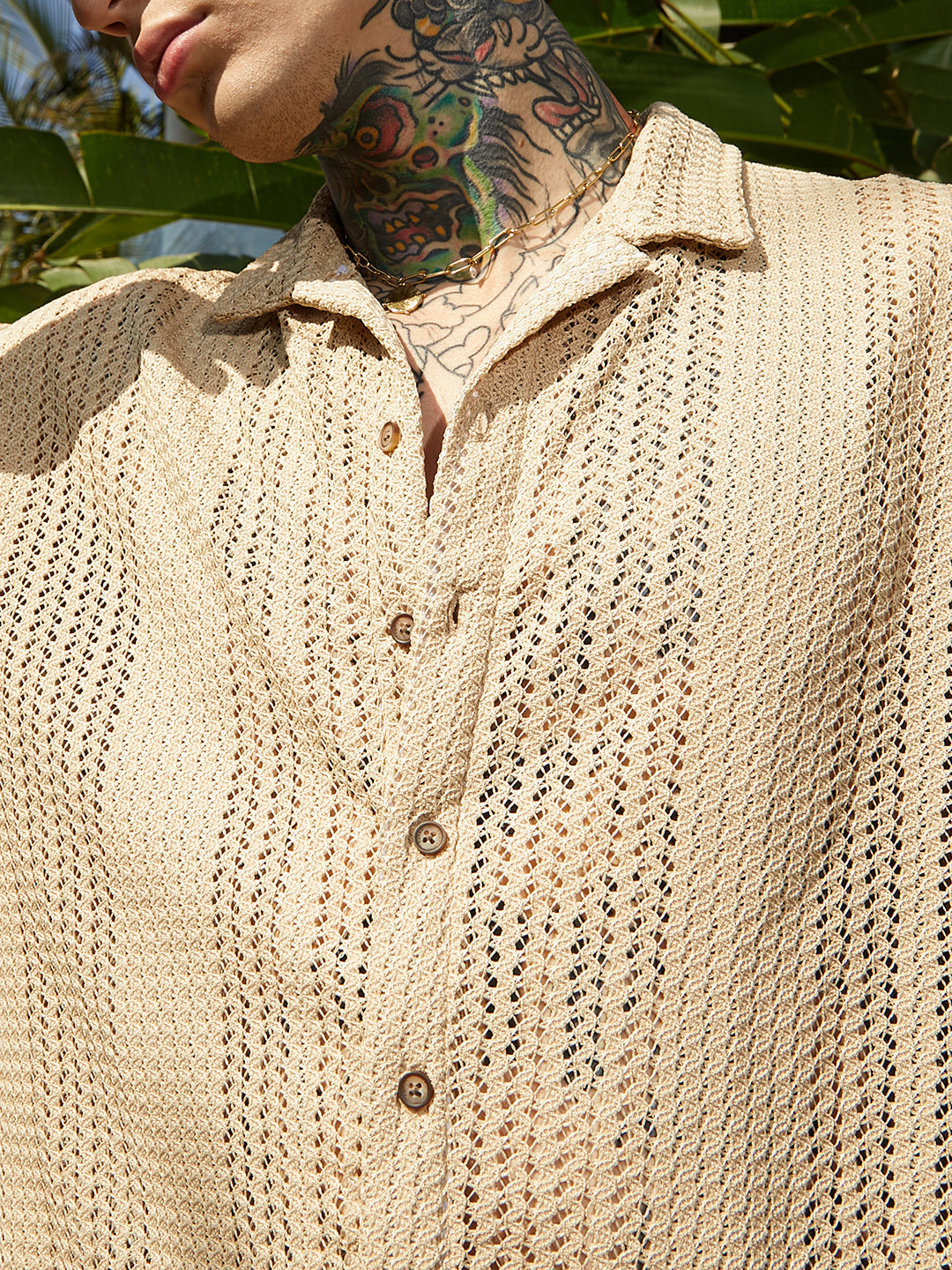 Men Buff Beige Ziggy-Knit Oversized Shirt