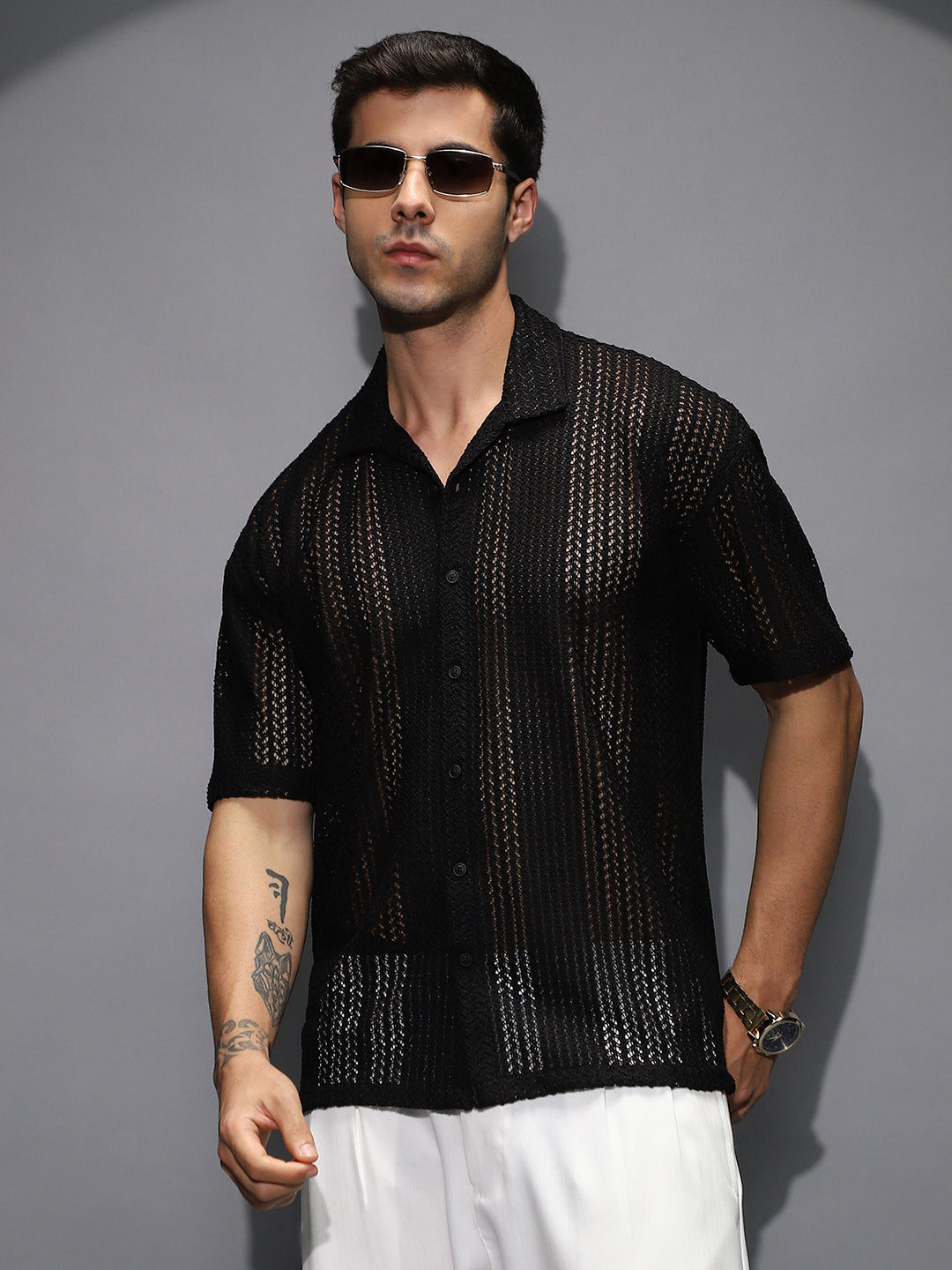 Men Onyx Black Solid Open-Knit Resort Shirt