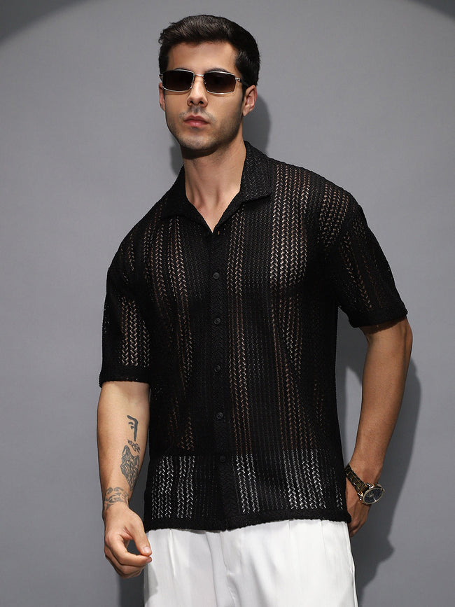 Men Onyx Black Solid Open-Knit Resort Shirt