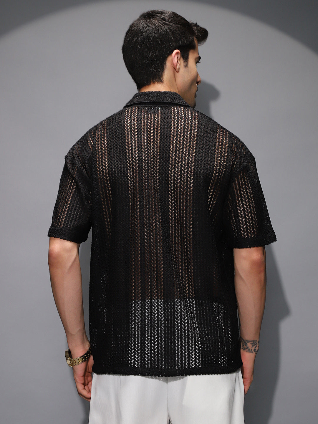 Men Onyx Black Solid Open-Knit Resort Shirt