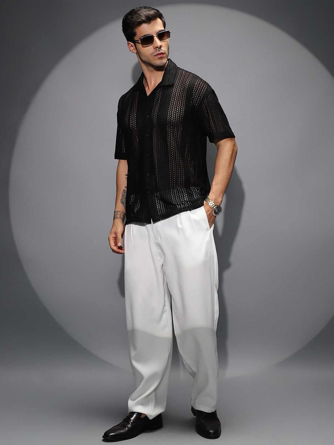 Men Onyx Black Solid Open-Knit Resort Shirt