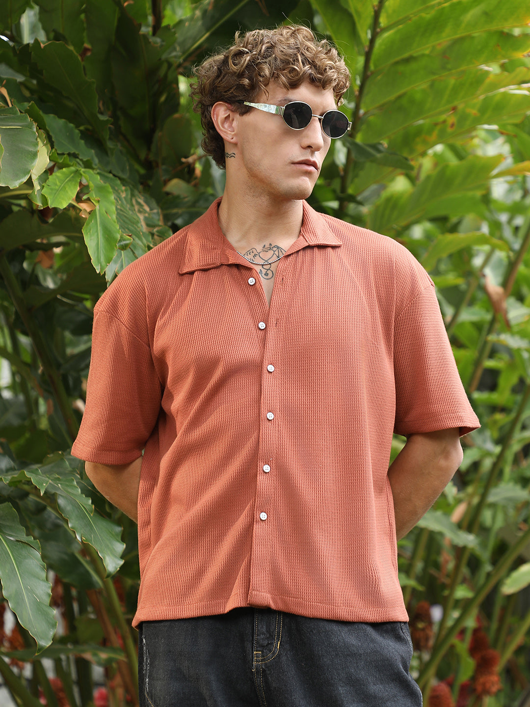 Men Burnt Sienna Waffle-Knit Shirt