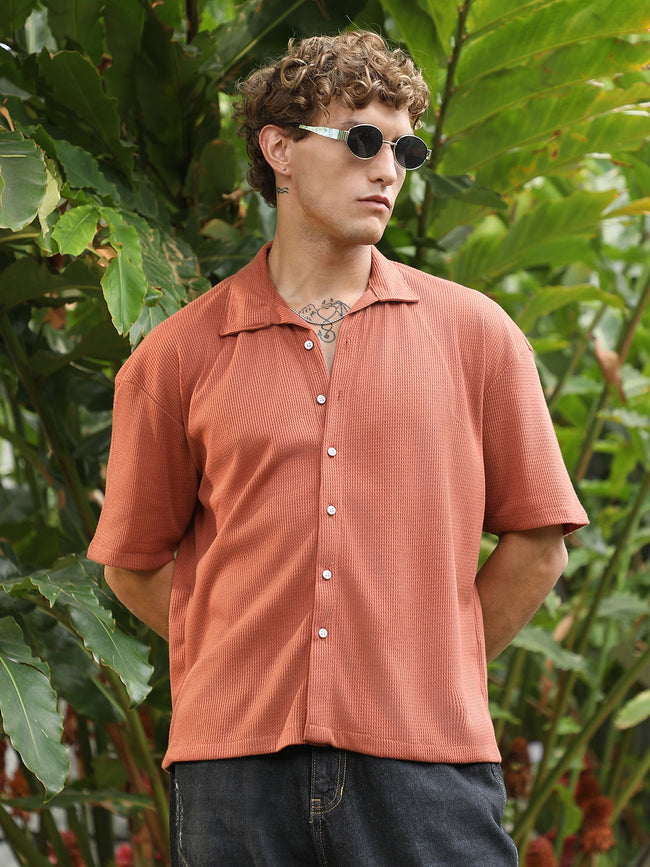 Men Burnt Sienna Waffle-Knit Shirt