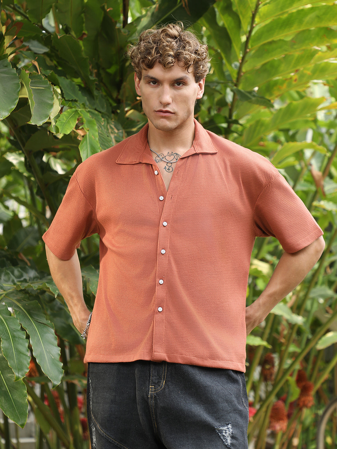 Men Burnt Sienna Waffle-Knit Shirt