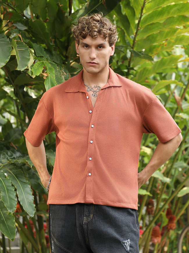 Men Burnt Sienna Waffle-Knit Shirt