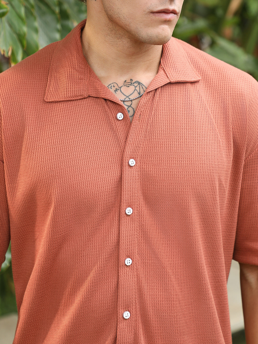 Men Burnt Sienna Waffle-Knit Shirt