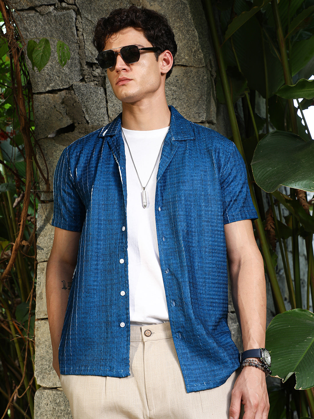 Men Electric Blue Dye-Textured Cuban Oversized Shirt