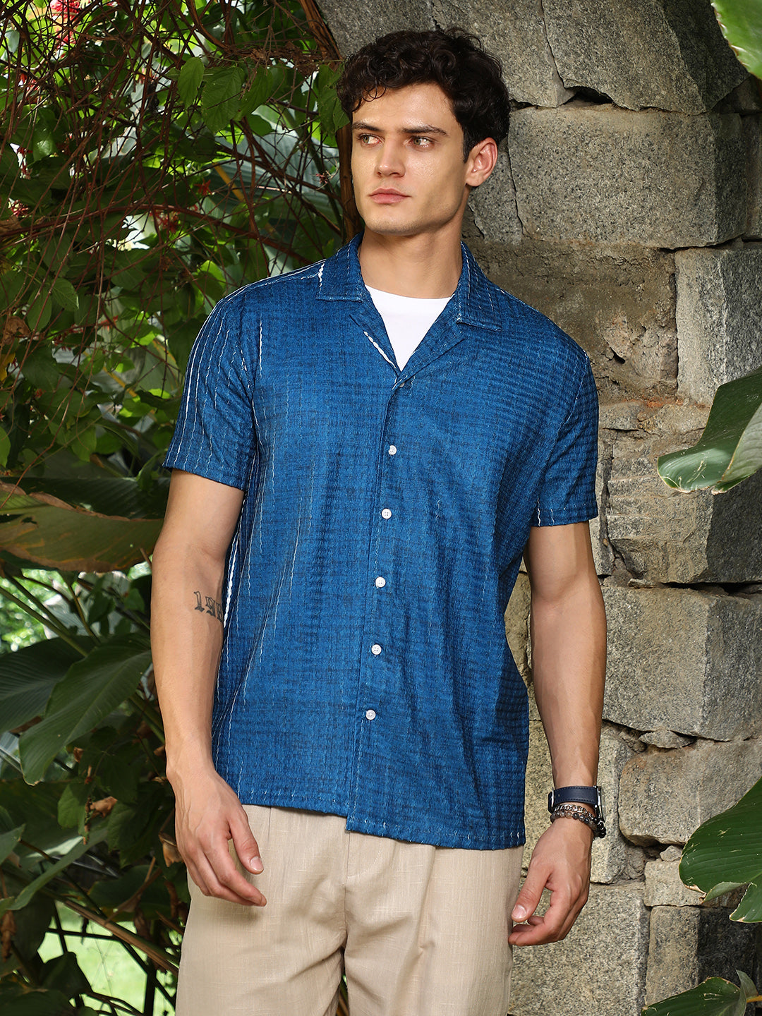Men Electric Blue Dye-Textured Cuban Oversized Shirt