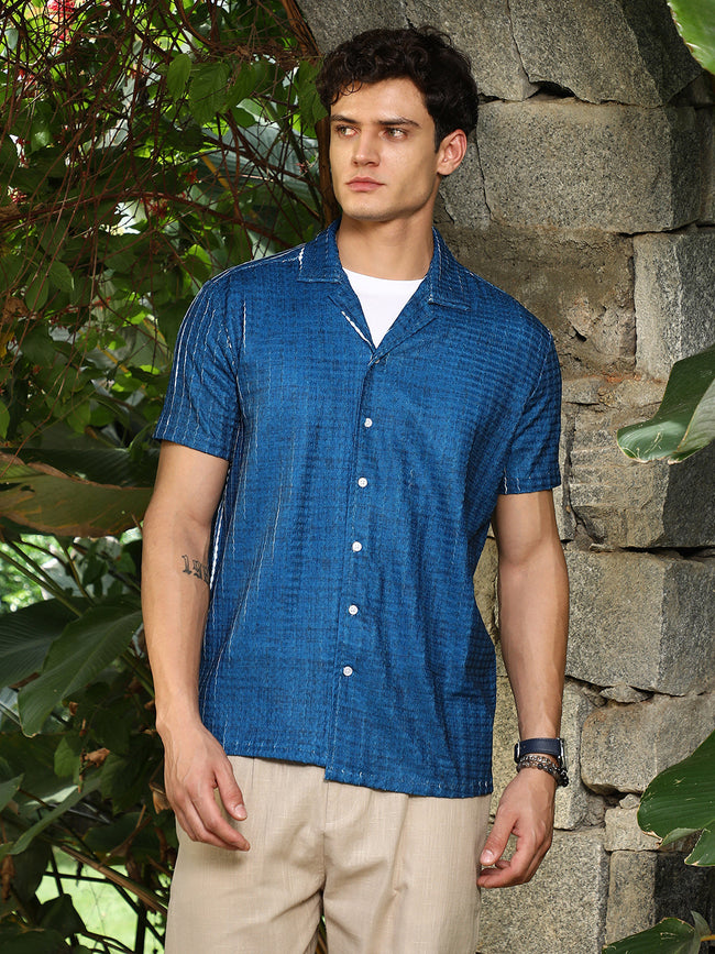 Men Electric Blue Dye-Textured Cuban Oversized Shirt
