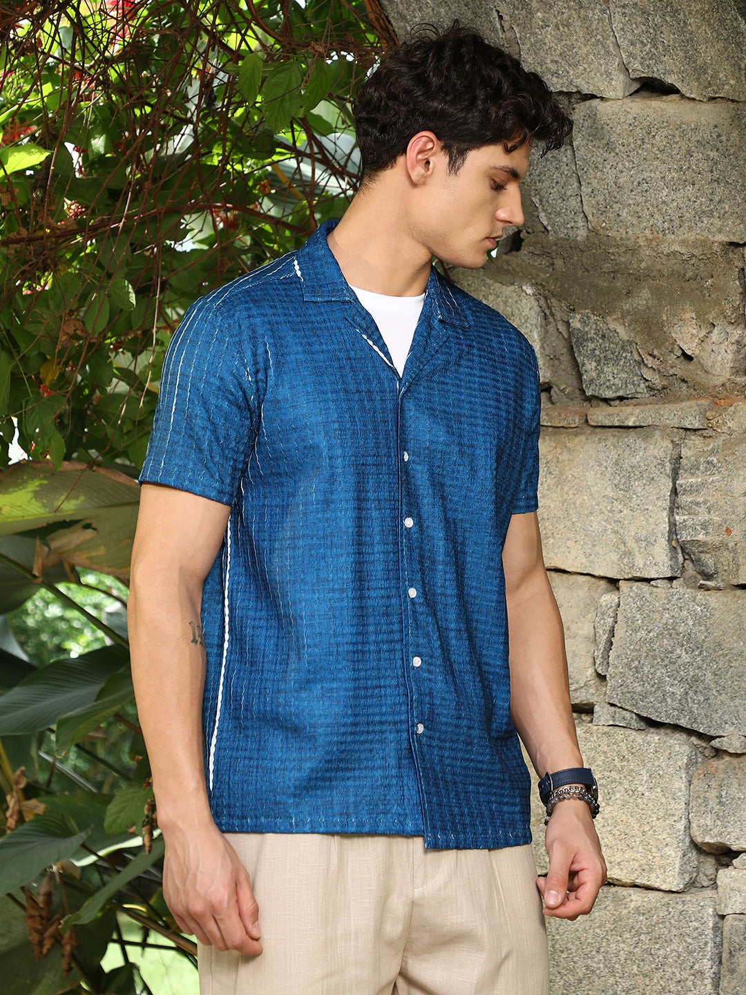 Men Electric Blue Dye-Textured Cuban Oversized Shirt