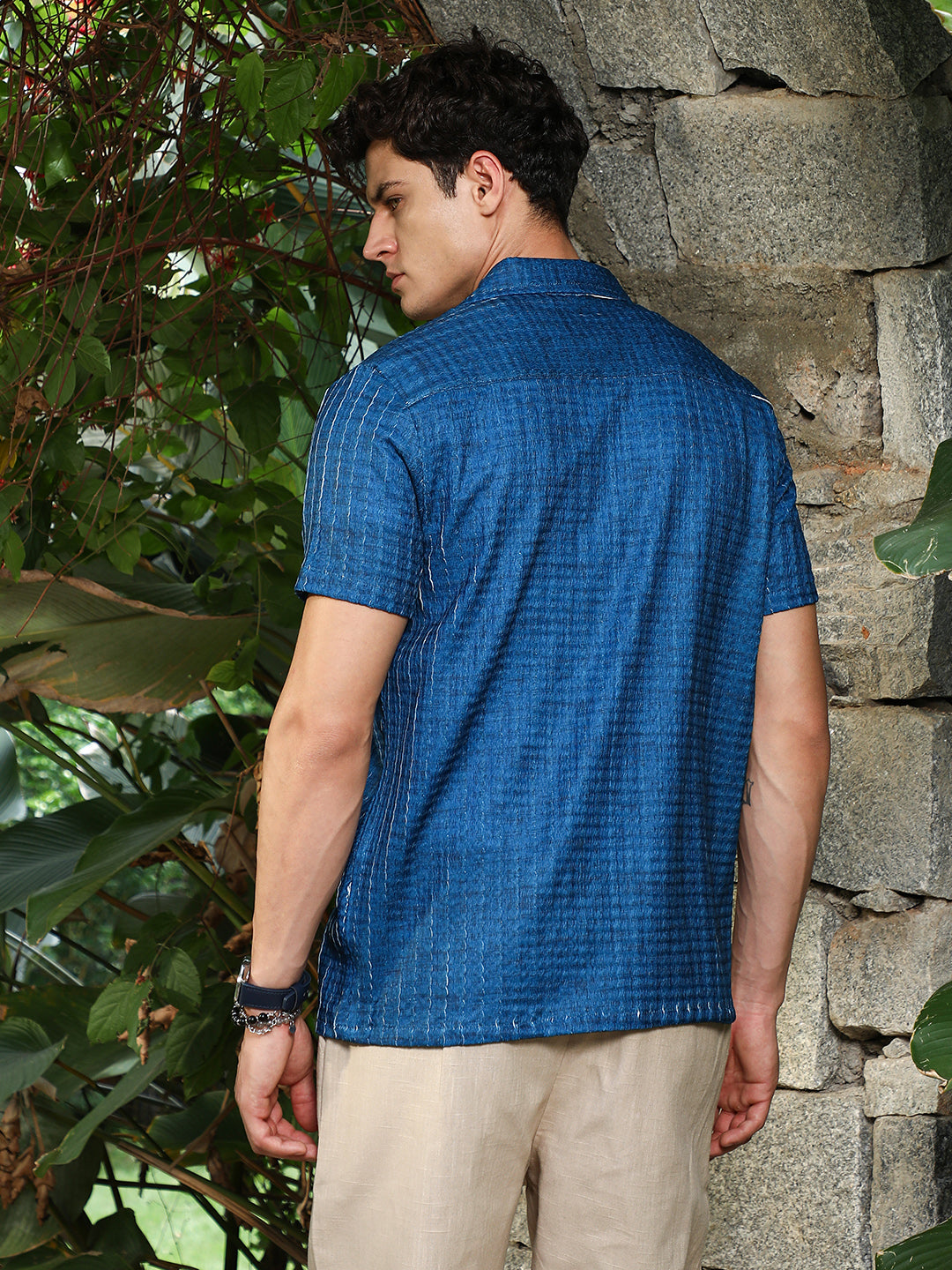 Men Electric Blue Dye-Textured Cuban Oversized Shirt